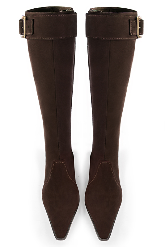 Dark brown women's feminine knee-high boots. Tapered toe. Medium block heels. Made to measure. Top view - Florence KOOIJMAN